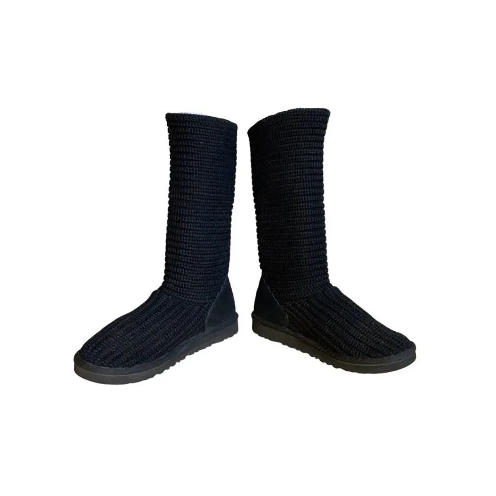 Ugg Classic Cardy Chunky Ribbed Knit & Suede Black Convertible Pull-On Boots